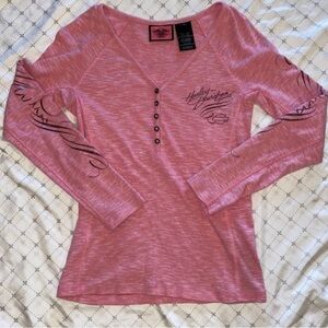 Harley Davidson 100% Cotton Women's Pink Long-Sleeve Henley Top Rhinestones S
